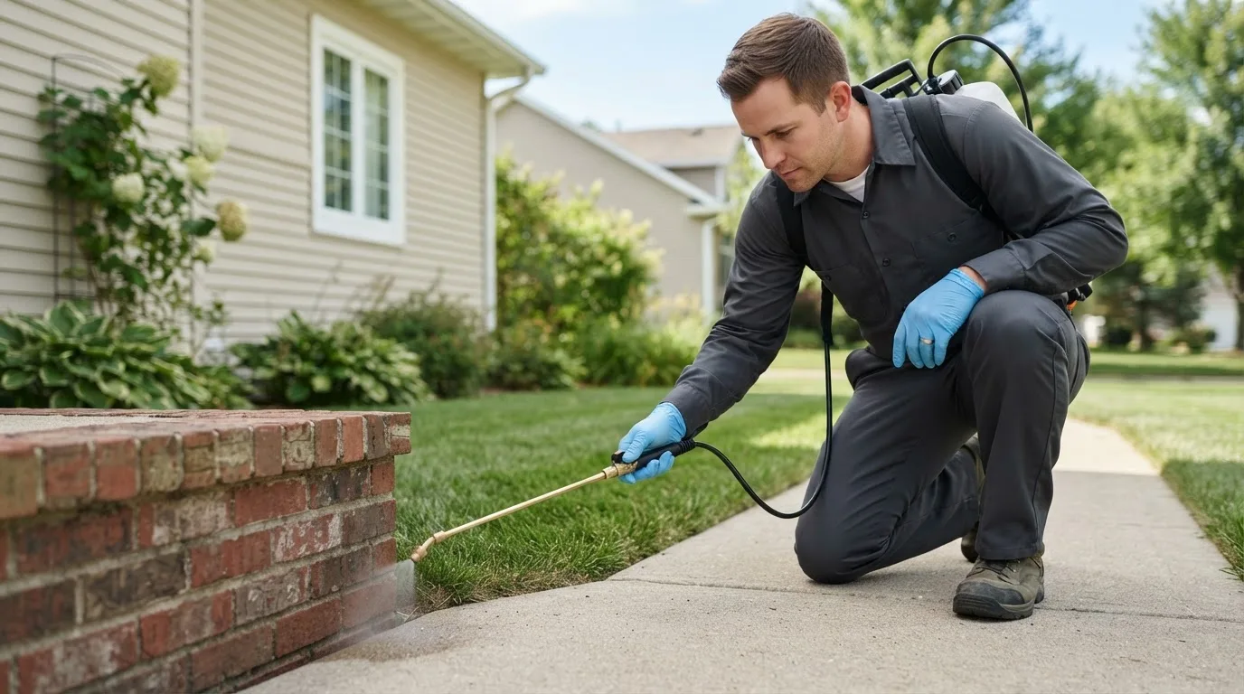 Pest control technician treating a home near New Castle, NH