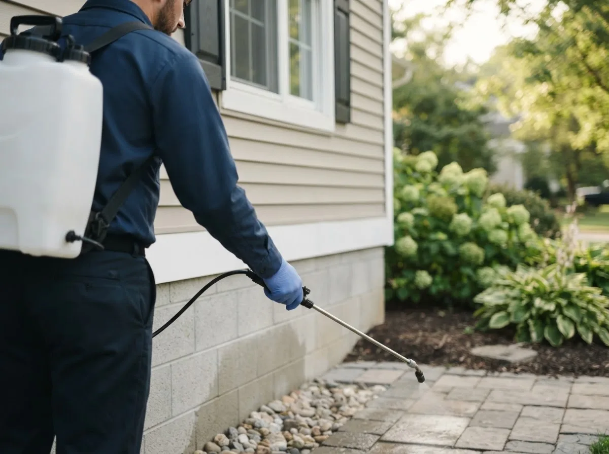Pest control technician inspecting a home in New Castle, NH